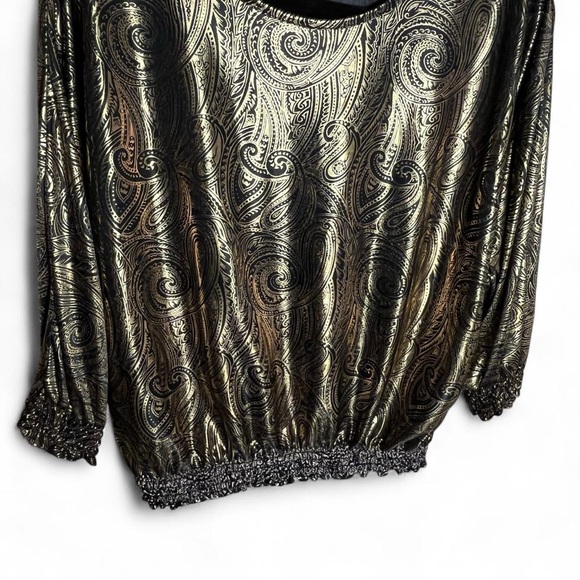 Vintage 80s Metallic Gold Lamé Black Paisley Batwing Blouse Retro Disco Top L - Picture 6 of 7
